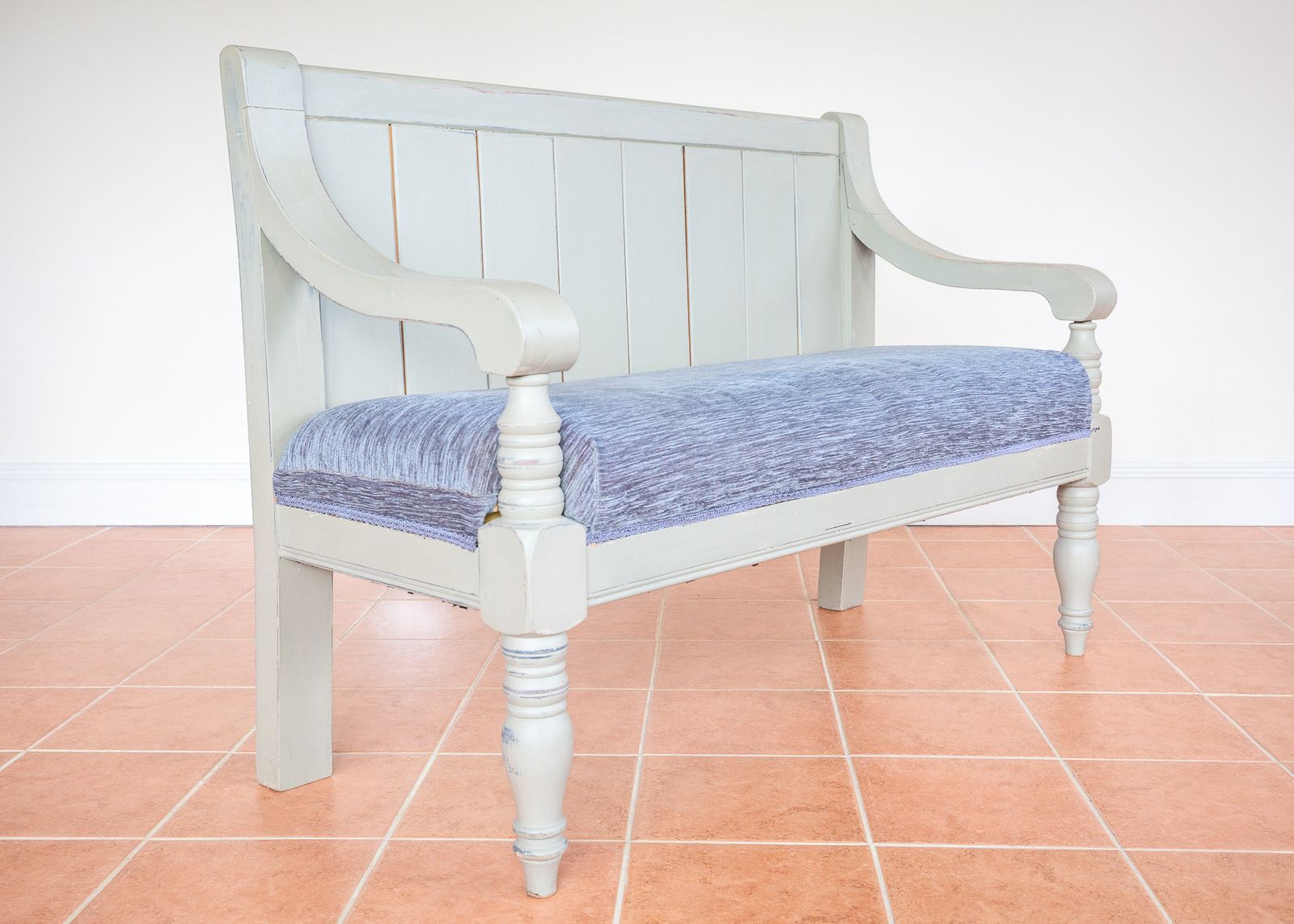 Painted Chapel Bench English Antique Upholstered Oak Late Victoria.N Grey Blue Large Church Settle Pew Upholstered Shabb.Y Chi.C Chalk Paint photo buy