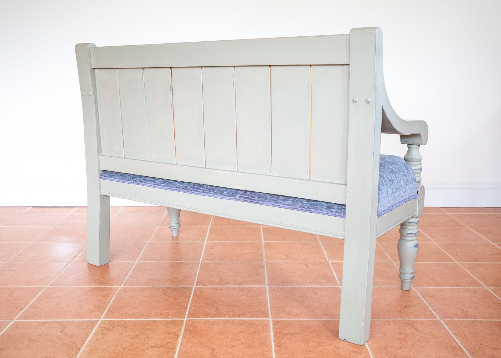 Painted Chapel Bench English Antique Upholstered Oak Late Victoria.N Grey Blue Large Church Settle Pew Upholstered Shabb.Y Chi.C Chalk Paint photo vintage