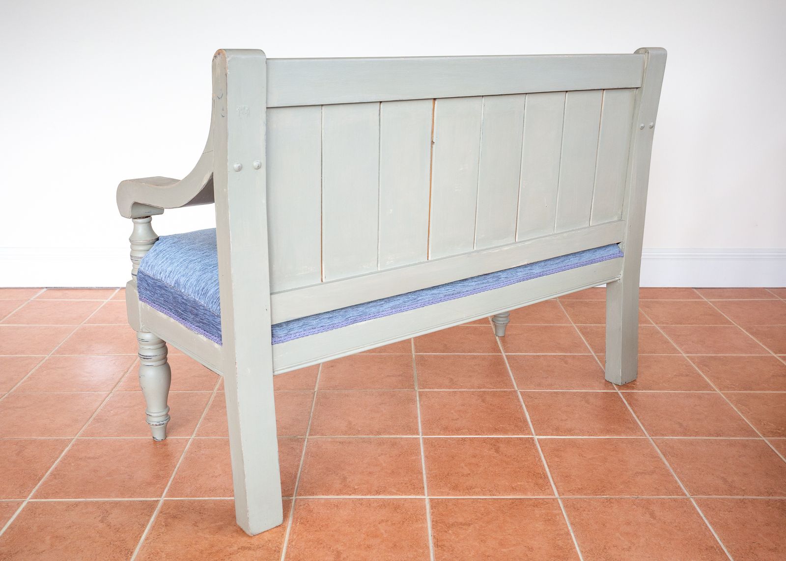 Furniture Painted Chapel Bench English Antique Upholstered Oak Late Victoria.N Grey Blue Large Church Settle Pew Upholstered Shabb.Y Chi.C Chalk Paint photo