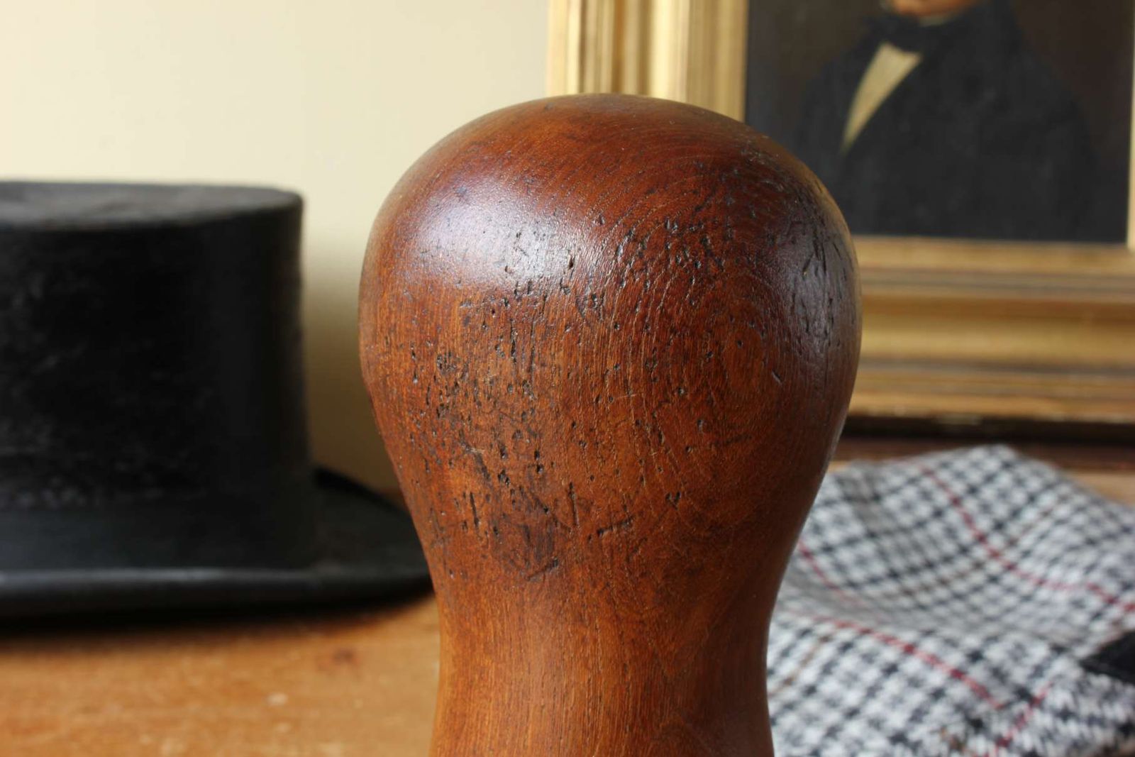 215.0 Size 25 Hat Block. Small Size French Wood Milliner's Head Display Stand. photo