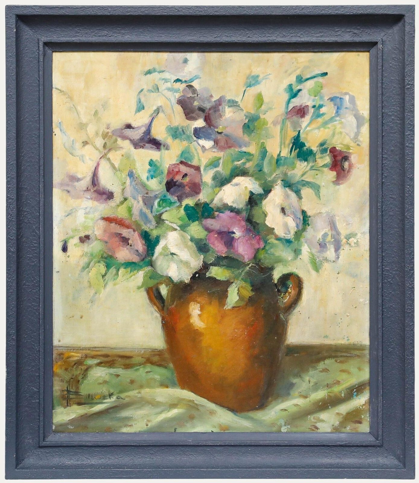 Framed 20th Century Oil   Flowers In A Terracotta Pot