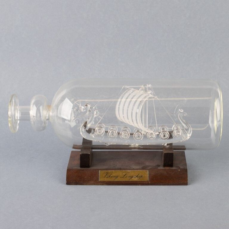 Hand Blown Glass Viking Longship In Glass Bottle Display