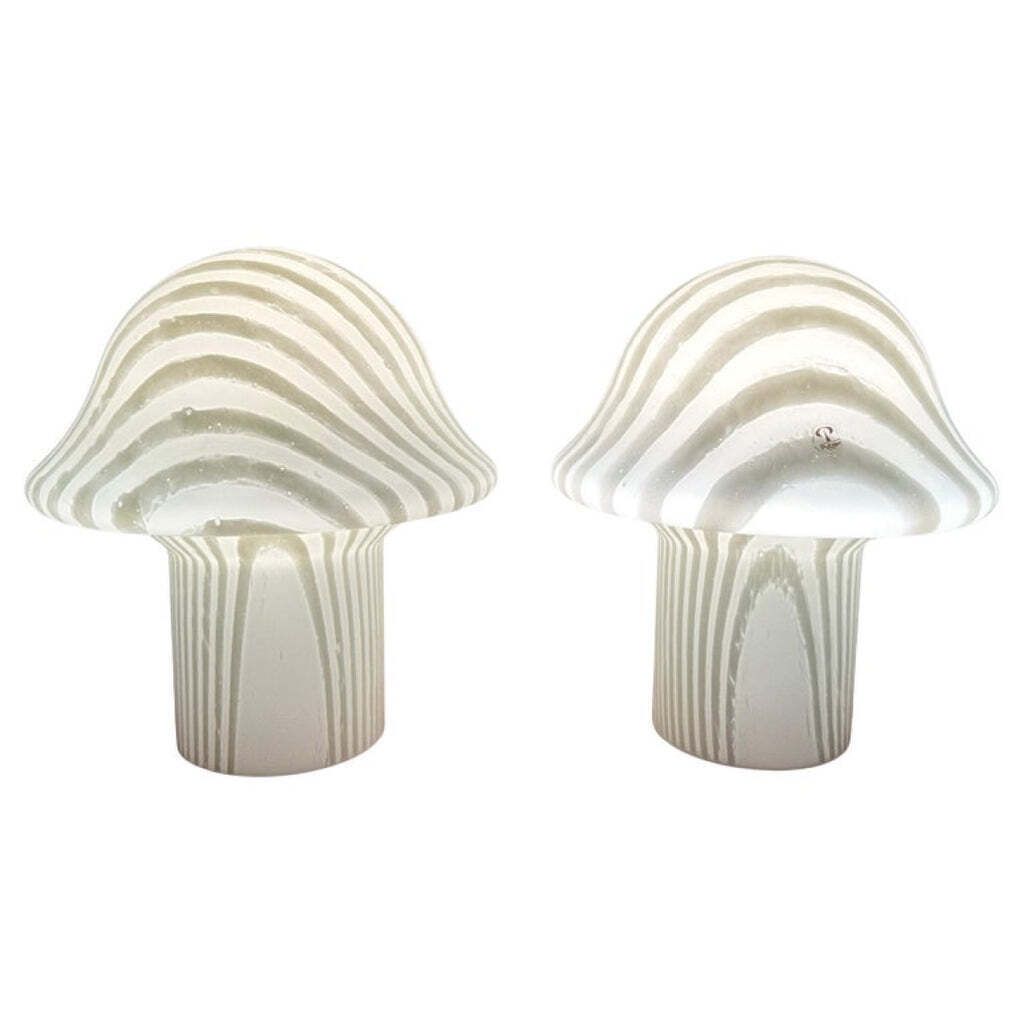 Pair Of 1970s Vintage German Space Age Peill & Putzler Striped Glass Mushroom Shaped Table Lamps