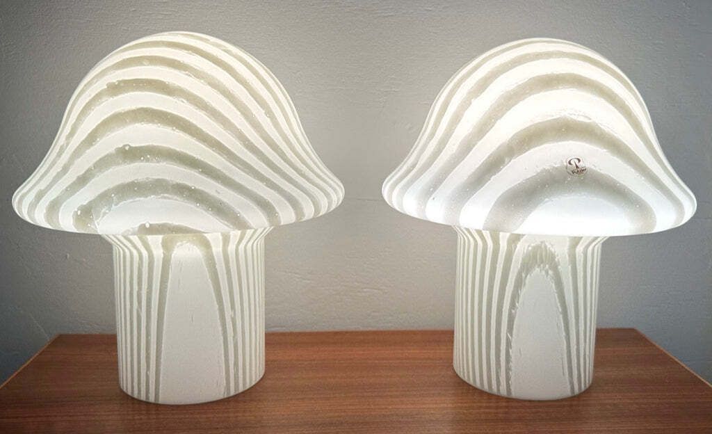Pair Of 1970s Vintage German Space Age Peill & Putzler Striped Glass Mushroom Shaped Table Lamps photo furniture