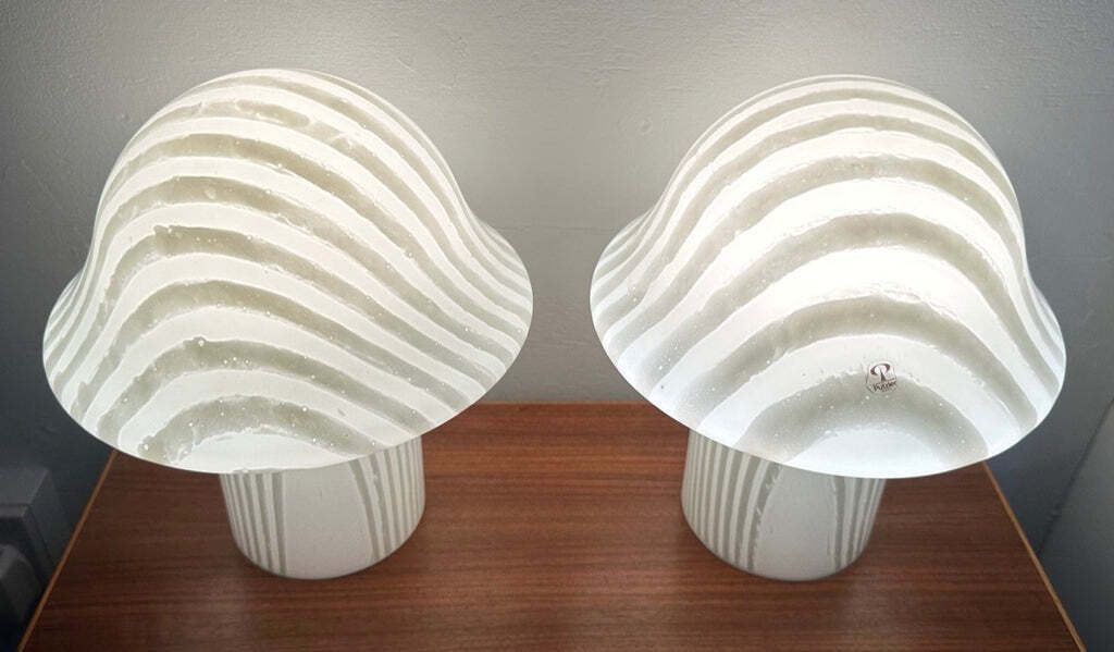 Pair Of 1970s Vintage German Space Age Peill & Putzler Striped Glass Mushroom Shaped Table Lamps photo Lighting