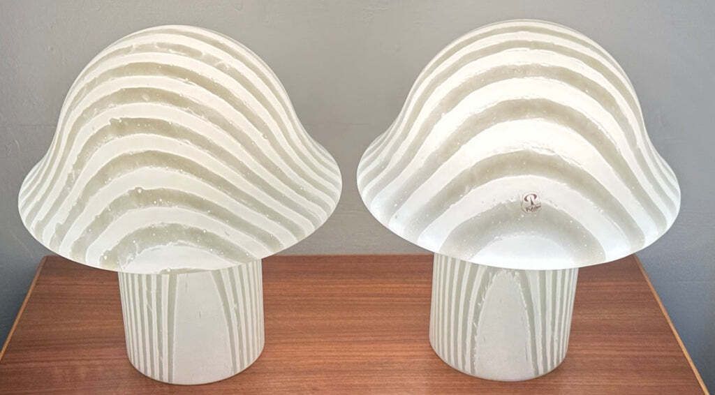 Pair Of 1970s Vintage German Space Age Peill & Putzler Striped Glass Mushroom Shaped Table Lamps photo 635.0