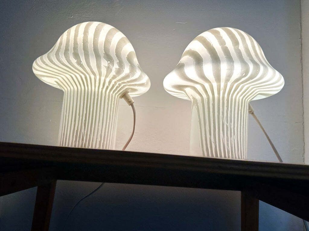photo for sale Pair Of 1970s Vintage German Space Age Peill & Putzler Striped Glass Mushroom Shaped Table Lamps
