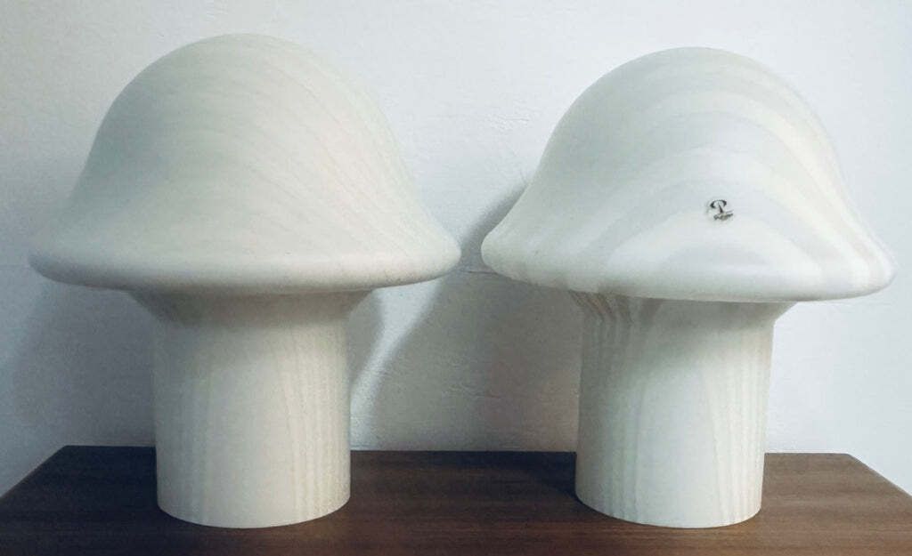 photo vinterior Pair Of 1970s Vintage German Space Age Peill & Putzler Striped Glass Mushroom Shaped Table Lamps