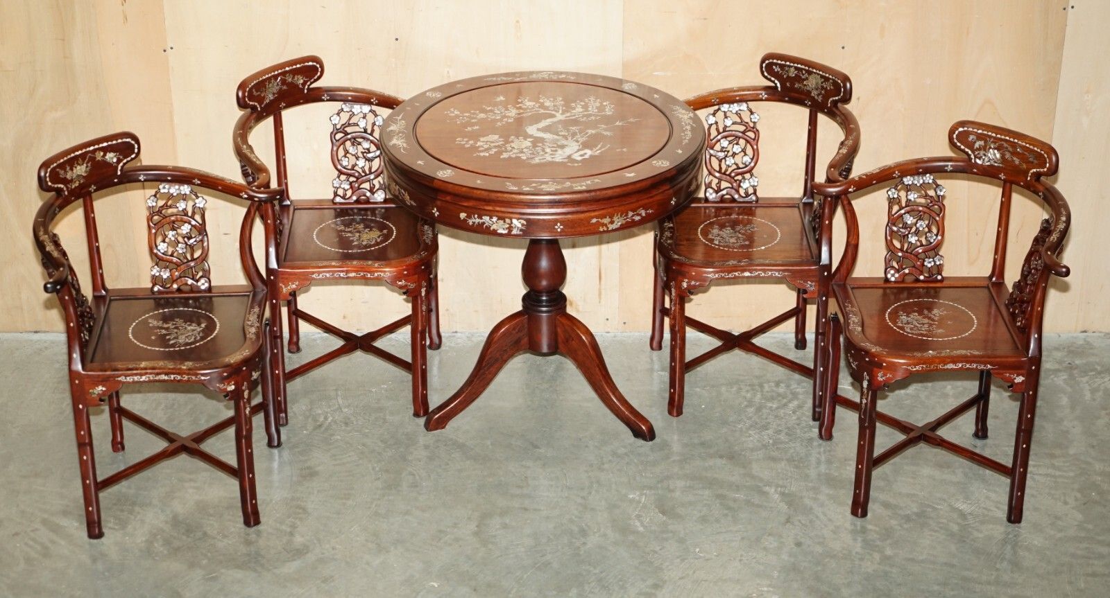 Antique Cinese Export Rosewood & Mother Of Pearl Circa 1920's Table & Chairs Set photo furniture