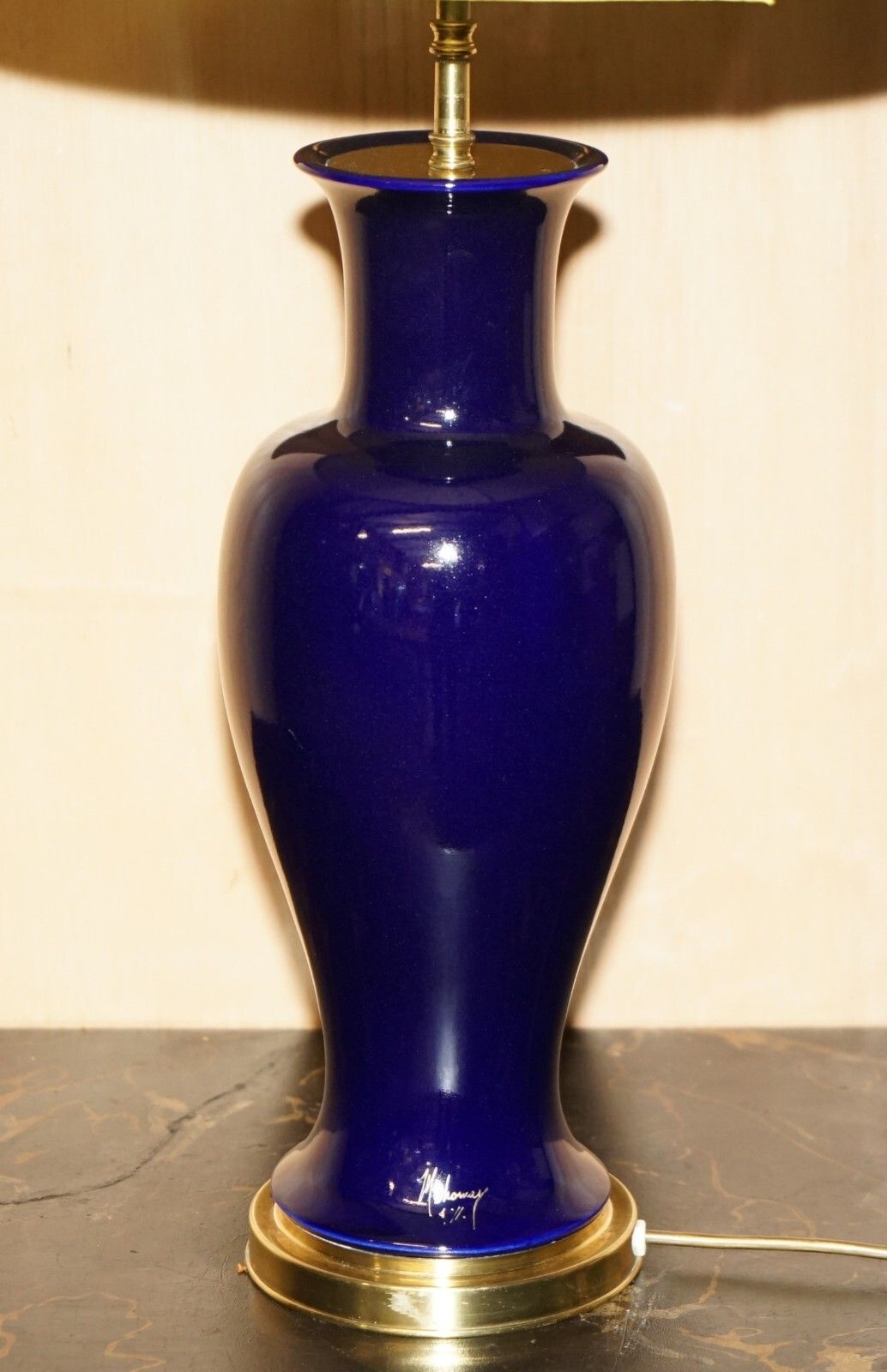 Stunning Vintage Cobalt Blue Porcelain Urn Shaped Brass Base Large Table Lamp photo for sale