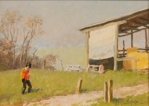 Alan Stenhouse Gourley (1909 1991)   Framed Oil, Playing By The Hay Barn