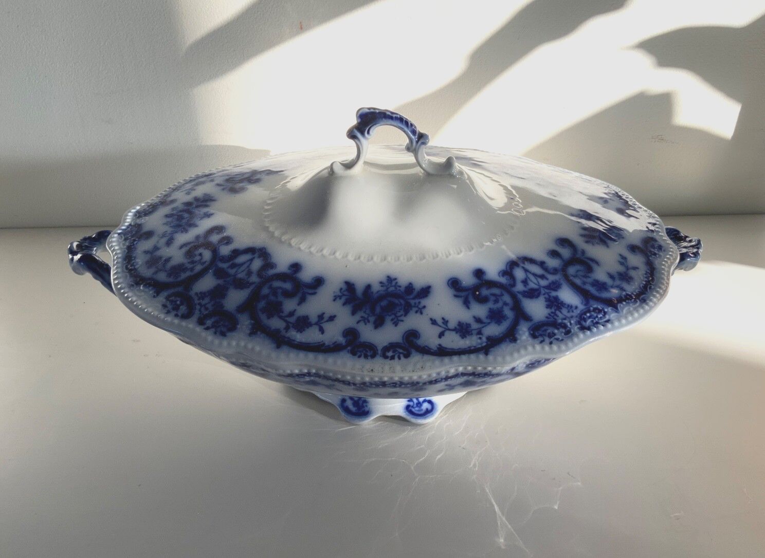Antique W.H.Grindley &Co Portman, Flow Blue, Oval Footed Vegetable Tureen 1900s photo 121.0