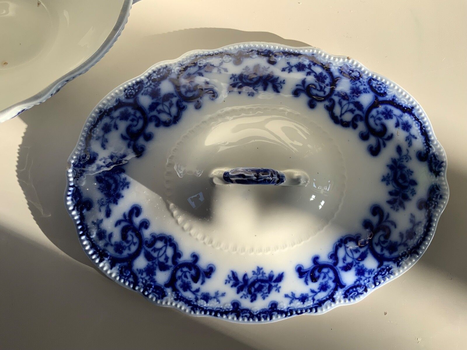 Antique W.H.Grindley &Co Portman, Flow Blue, Oval Footed Vegetable Tureen 1900s photo vinterior