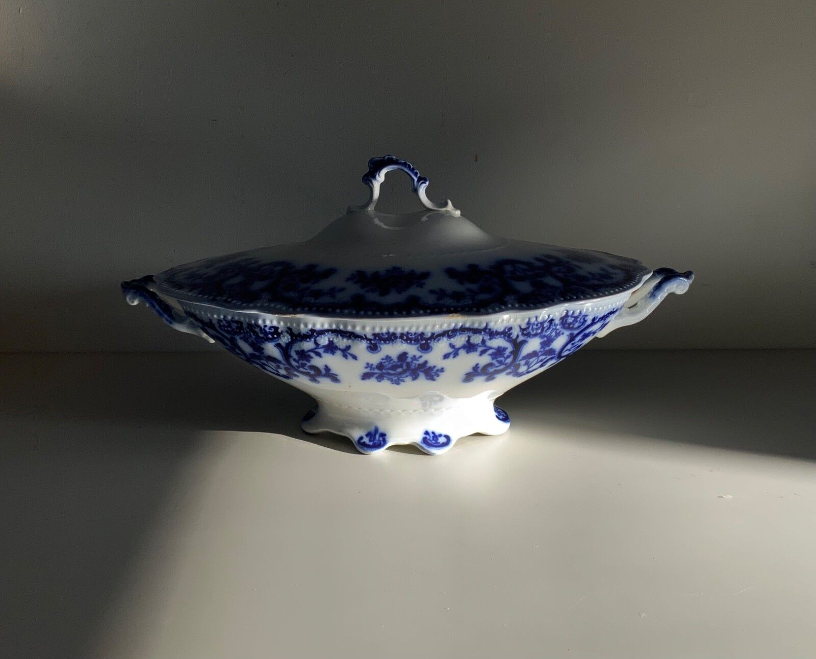 Antique W.H.Grindley &Co Portman, Flow Blue, Oval Footed Vegetable Tureen 1900s photo vintage