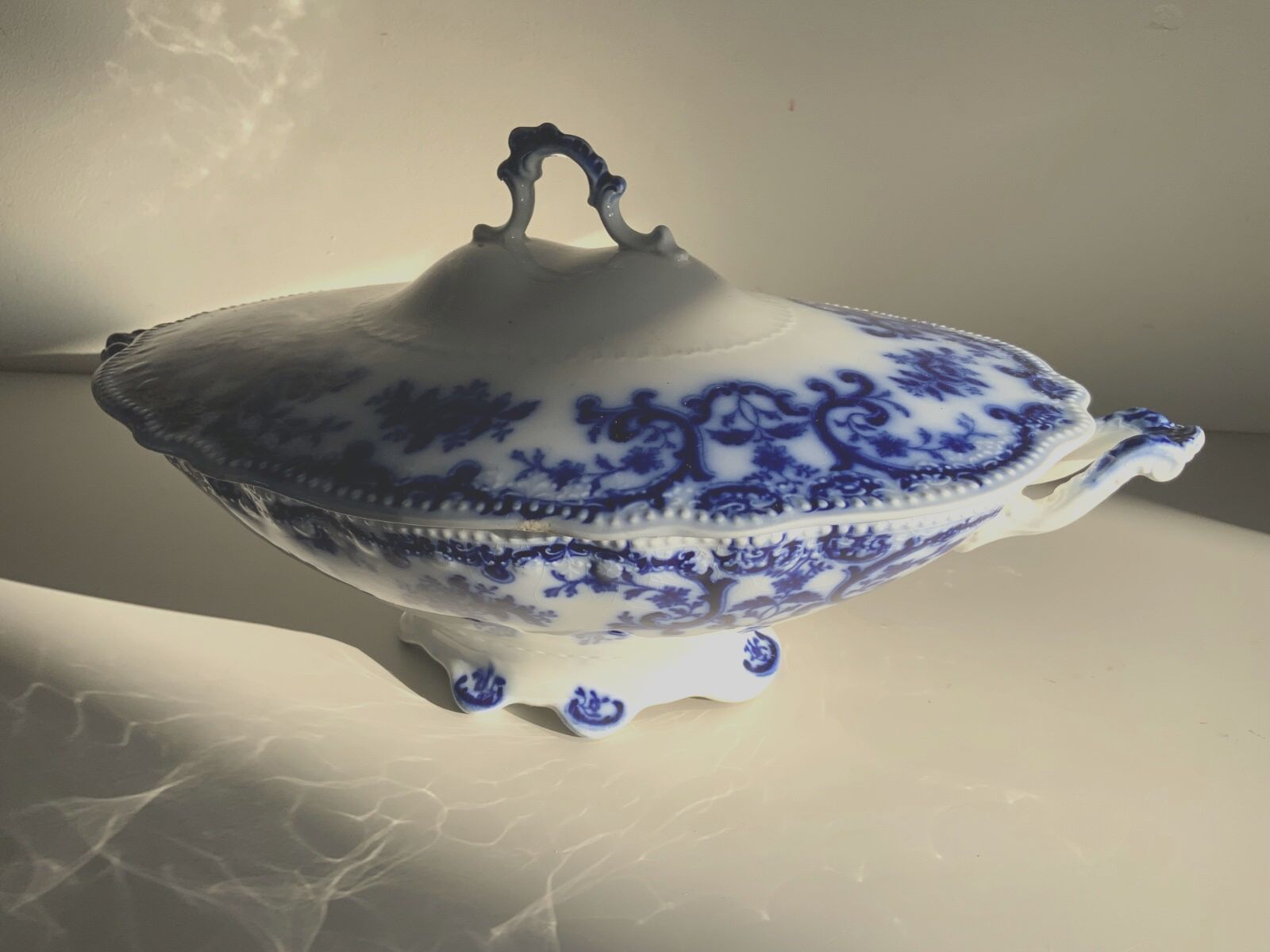 photo furniture Antique W.H.Grindley &Co Portman, Flow Blue, Oval Footed Vegetable Tureen 1900s