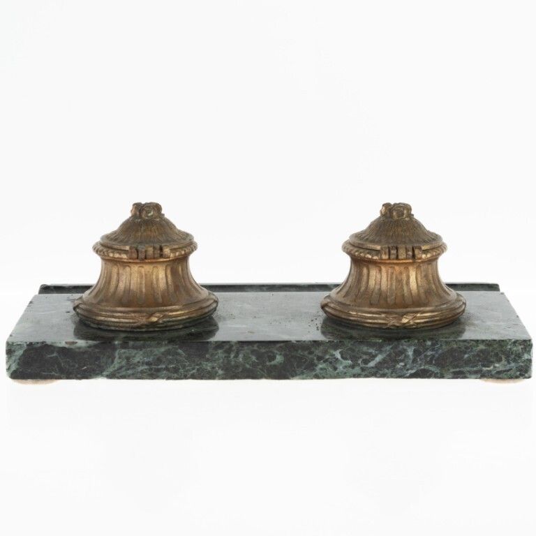 Antique Desk Bronze Inkwells On Marble Base photo for sale
