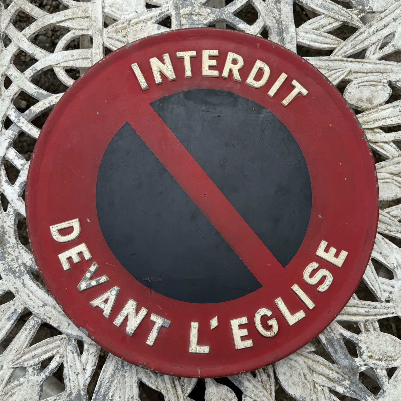 Vintage French Street Sign: ‘Interdit Devant L’eglise’ photo furniture