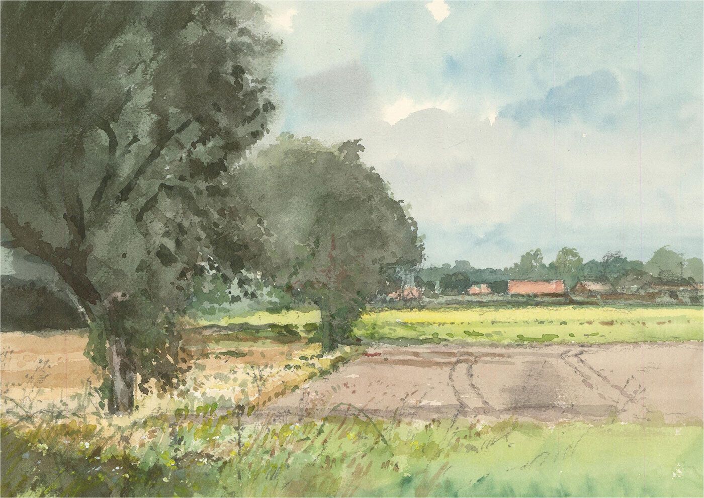 Keith Johnson (1931 2018)   Contemporary Watercolour, Farm View With Trees