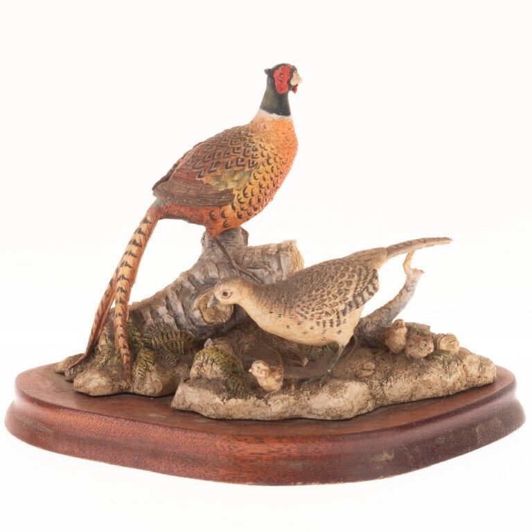 Hand Painted Border Fine Arts Pheasants Figure Group Sculpture