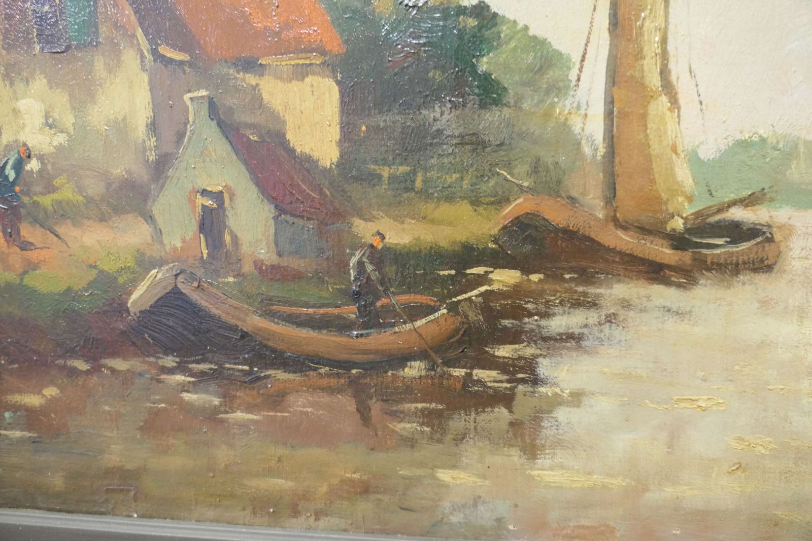 19th Century Oil Painting, Signed W.Vdijk, Village From The Water photo 840.0
