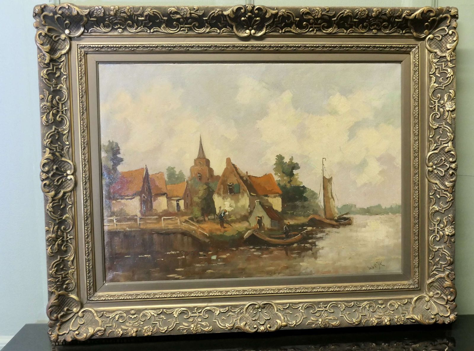 19th Century Oil Painting, Signed W.Vdijk, Village From The Water photo buy