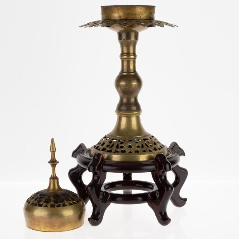 Antique Indian Pierced Bronze Incense Burner On Wooden Stand photo Home Decor
