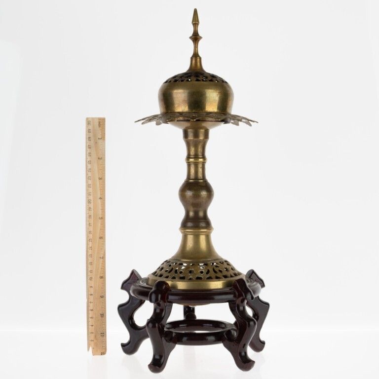 Antique Indian Pierced Bronze Incense Burner On Wooden Stand photo vinterior