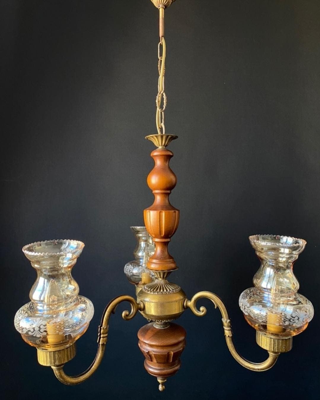 Italian Vintage Chandelier In Brass And Wood photo for sale