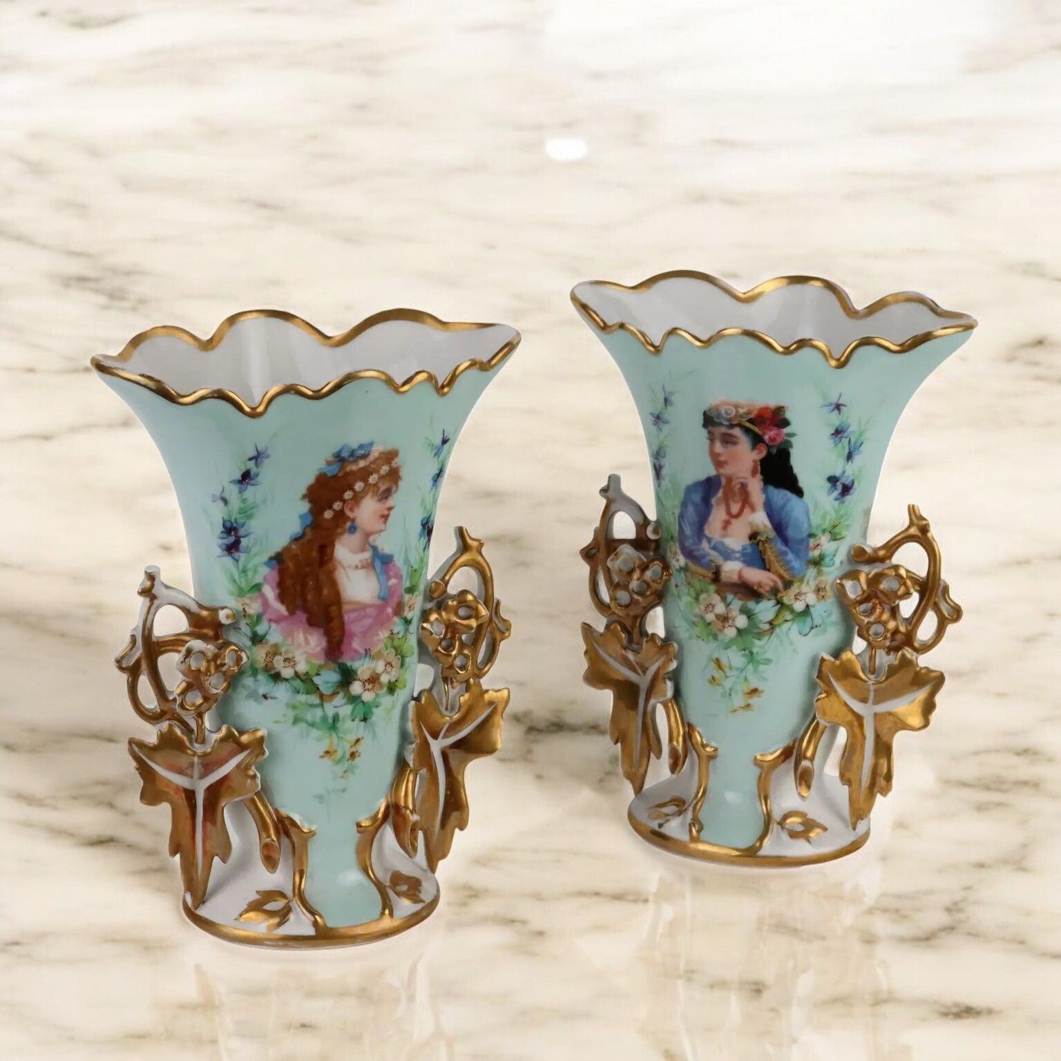 Pair Of Antique Vases For Bouquet Porcelain Europe XIX XX Century photo furniture