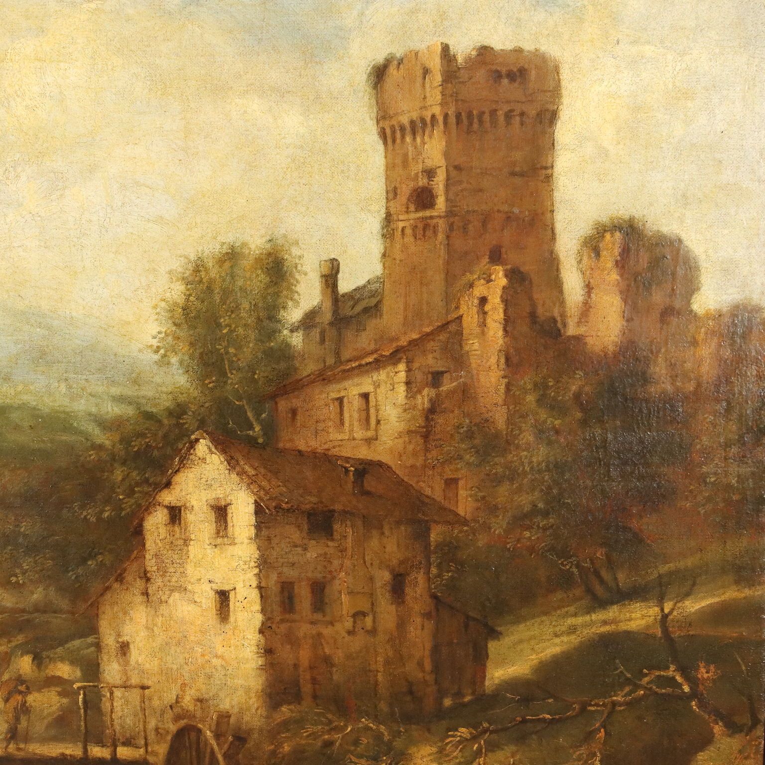 Antique Painting Landscape With Stream Mill XVIII Century photo vintage