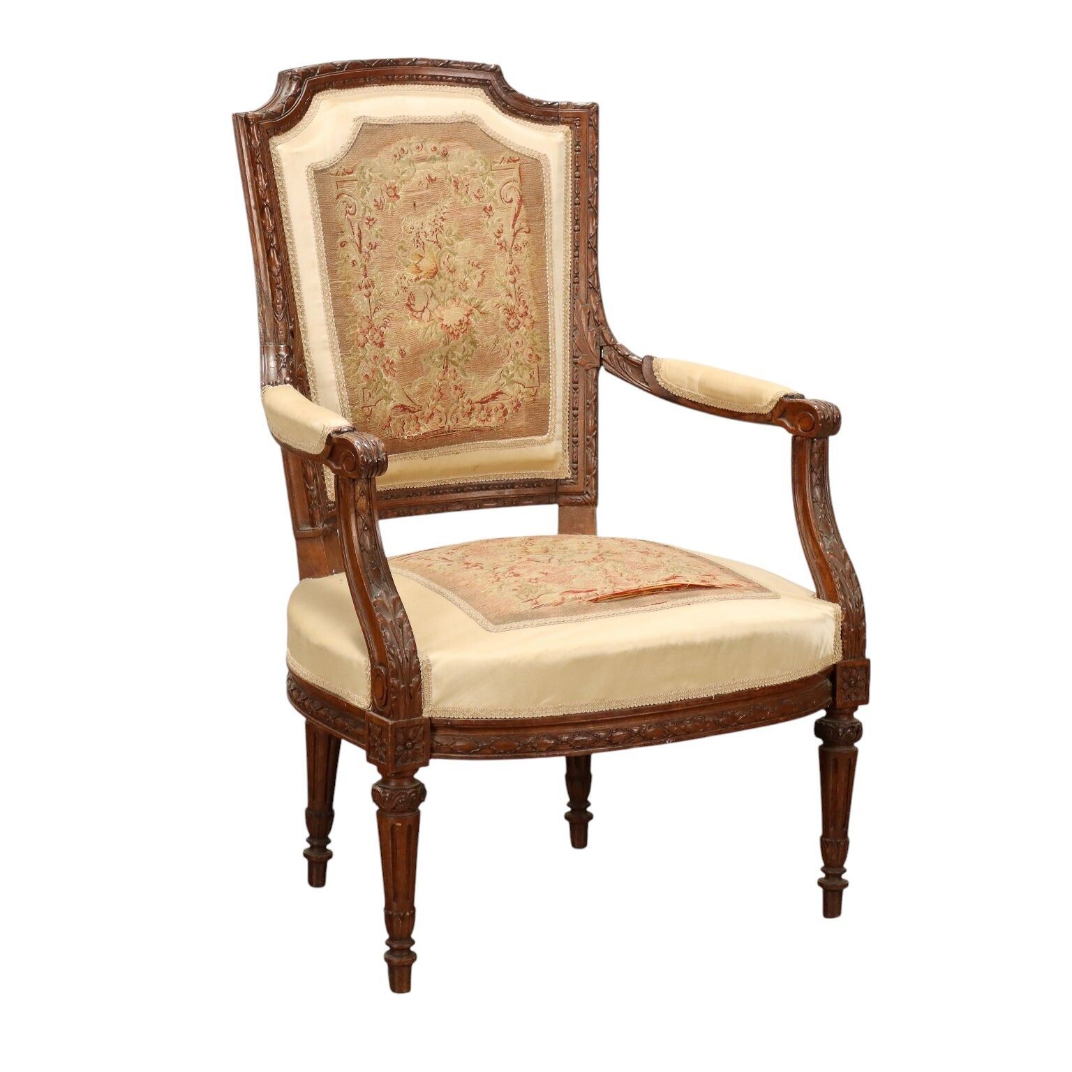 Antique Armchair Walnut Painted Beech Cloth Italy XIX Century