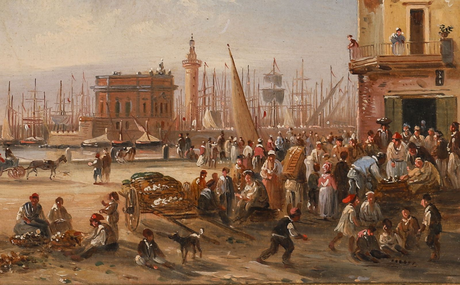 Antique Oil Painting Italian Harbour Scene 19th C photo for sale