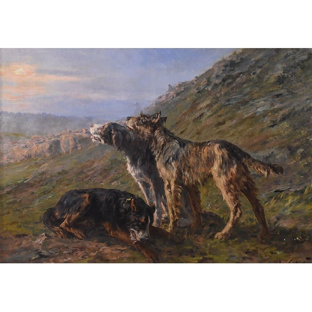 Shepherd Dogs Portrait Painting, Oil On Canvas, Early 20th Century. photo furniture