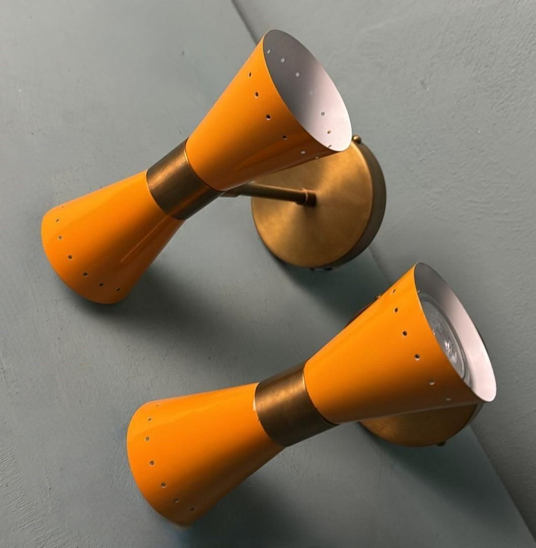 Stilnovo Style  Pair Of Italian Wall Sconces In Lacquered Metal And Brass photo vinterior
