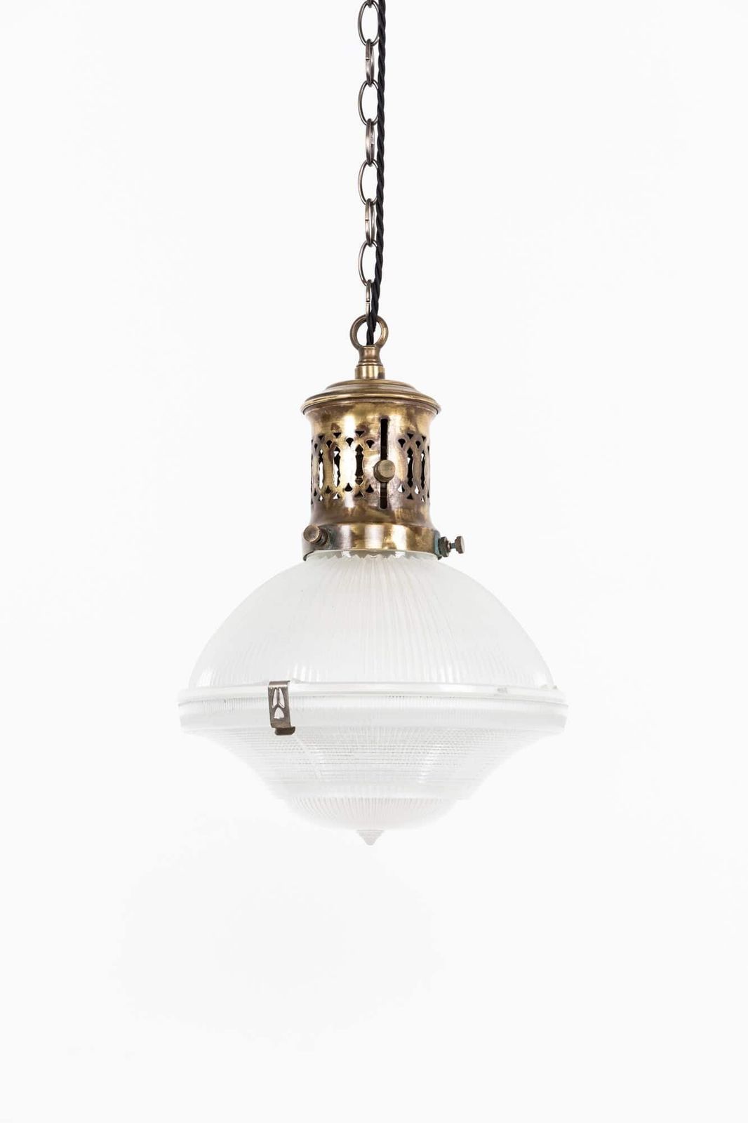 French Three Part Holophane Glass Pendant Light
