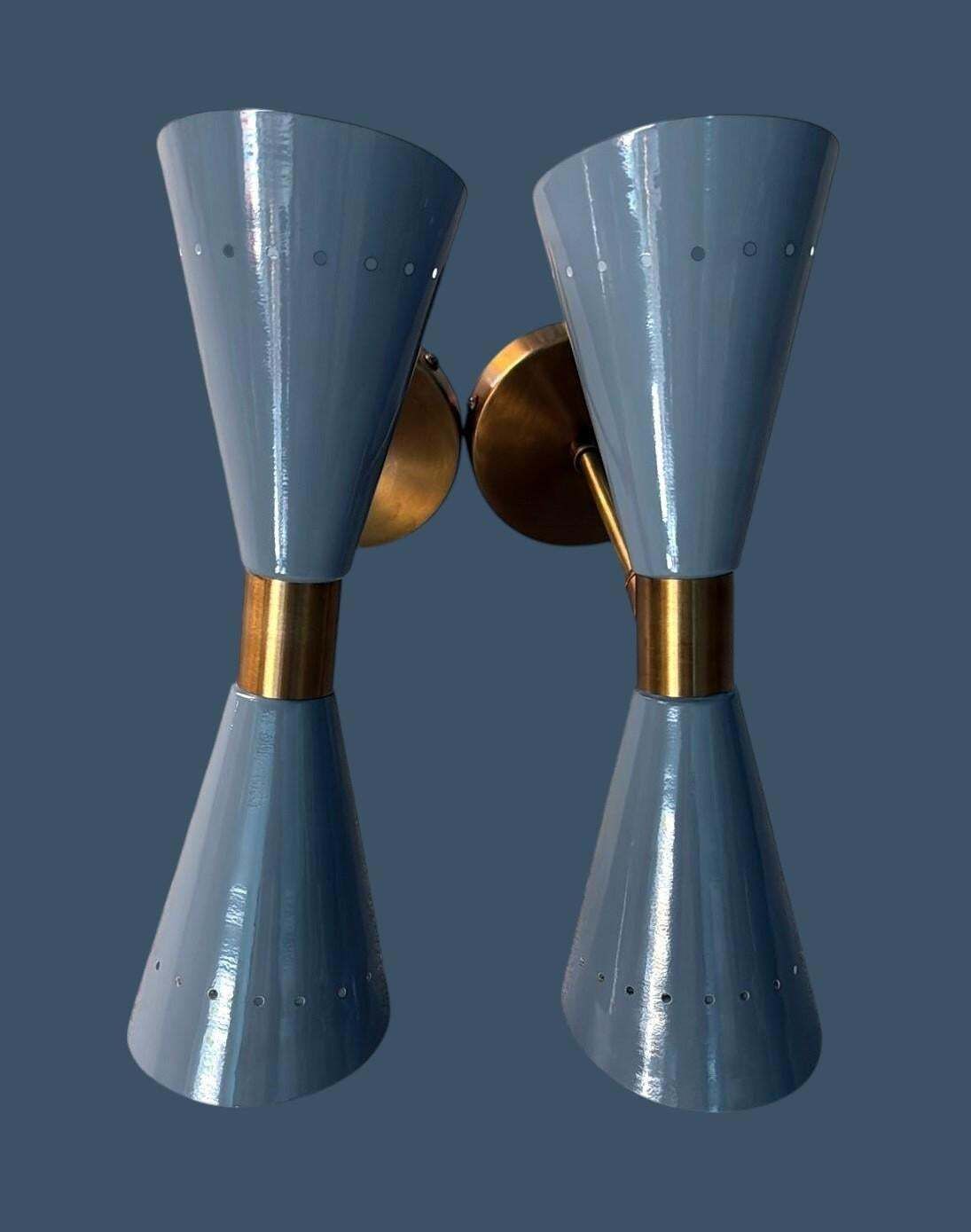 Stilnovo Style Pair Of Italian Wall Sconces In Painted Metal And Brass photo Lighting