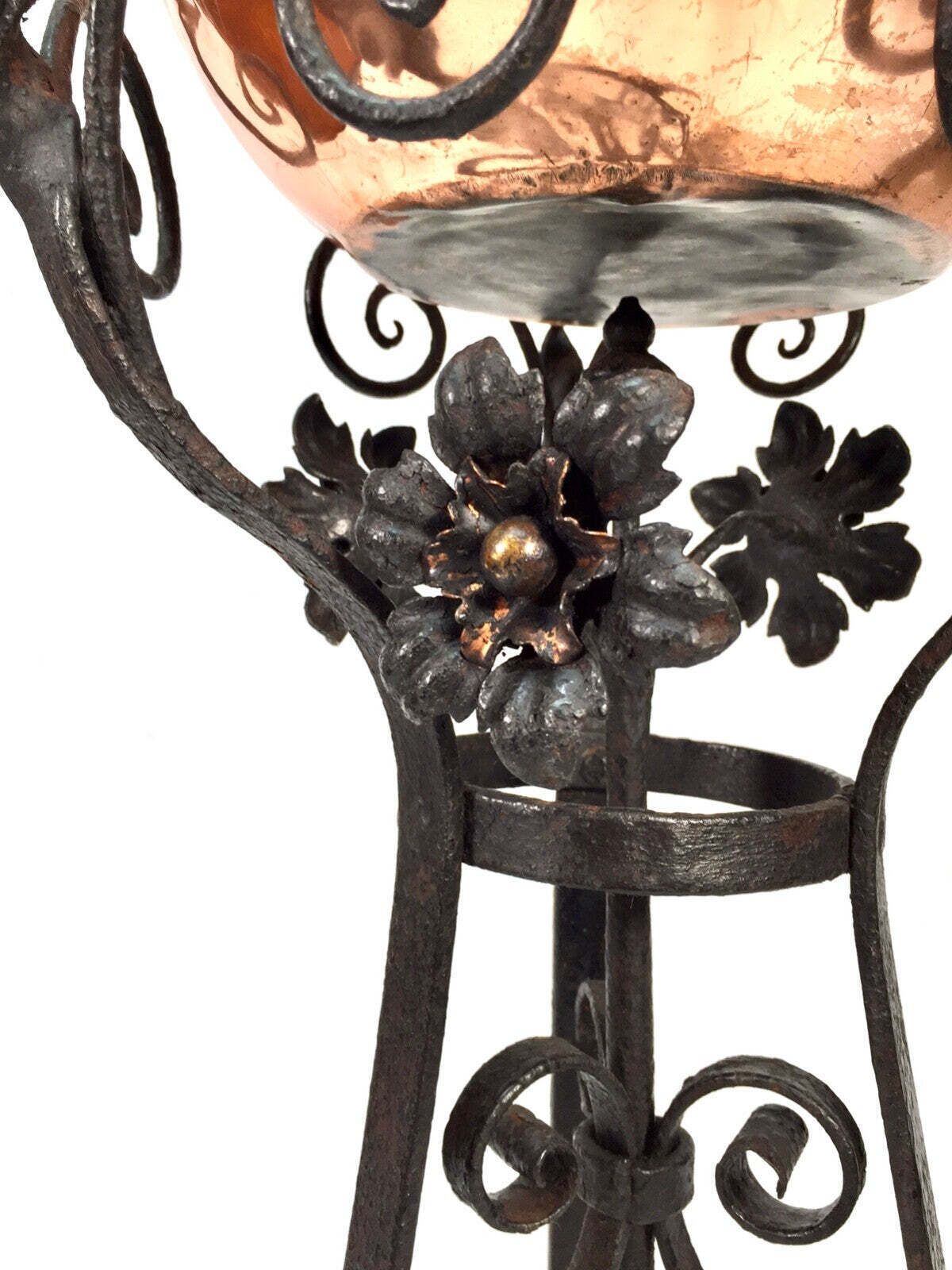 Antique Art Nouveau Copper Plant Pot / Jardiniere On Wrought Iron Stand C.1900 photo Garden Decor