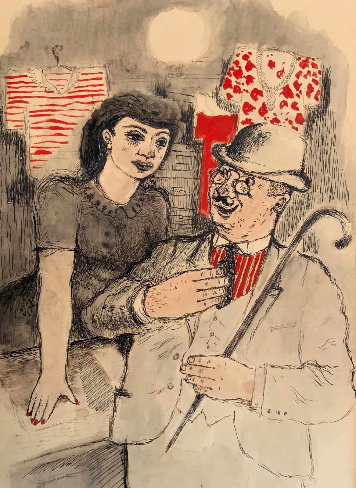 Antique/Vintage Lady And Gentlemen Ink On Paper By Erih Pryts Sweden photo Art