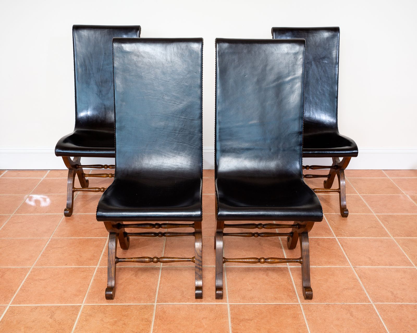 4 Spanish Oak Leather Dining Chairs By Pierre Lottier Valmazan Mid Century Neoclassical Colonial 1960s Black Leather Sling Seat Studded Leather