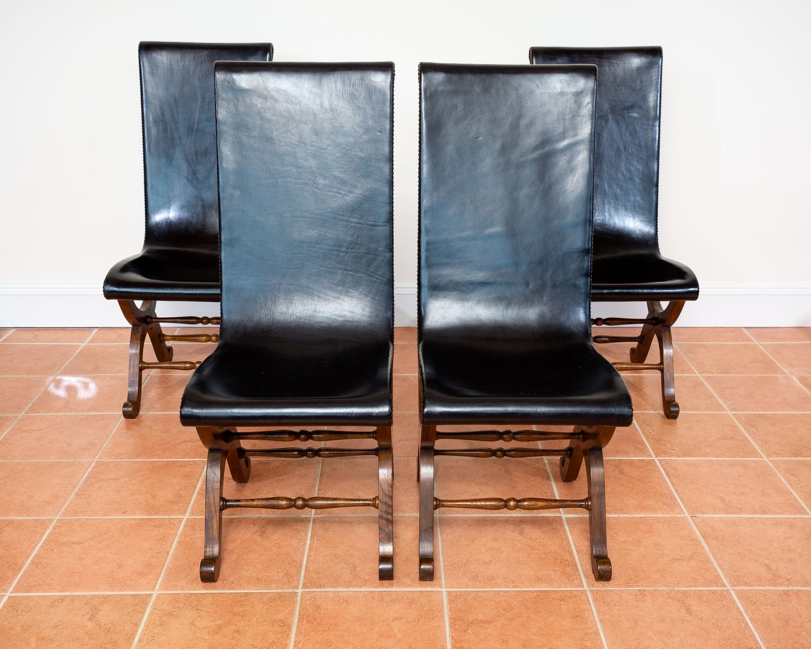4 Spanish Oak Leather Dining Chairs By Pierre Lottier Valmazan Mid Century Neoclassical Colonial 1960s Black Leather Sling Seat Studded Leather photo furniture