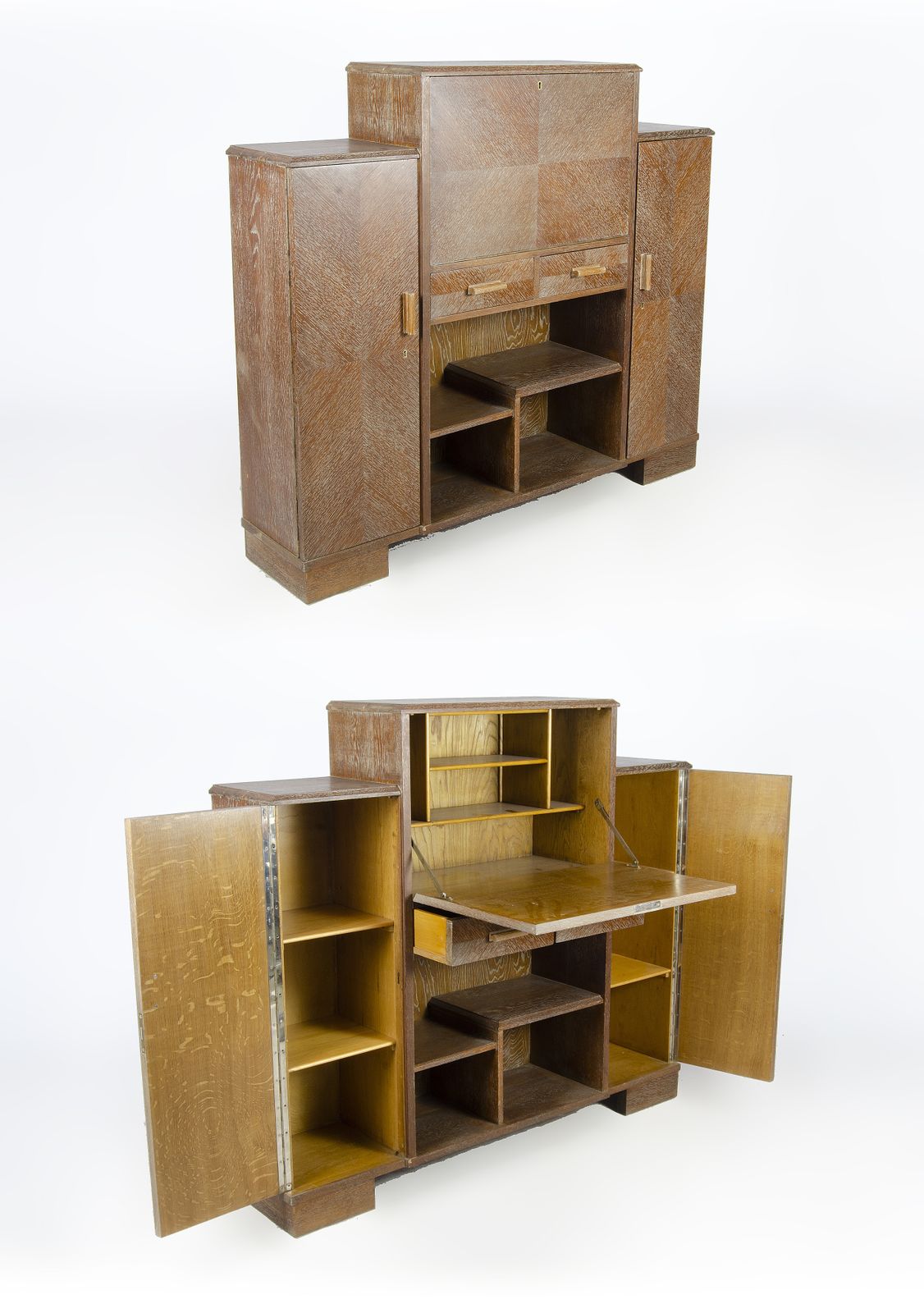 1930s Art Déco Veneered Wood Secretary Cabinet With Multiple Compartments In Jacques Adnet Style, France