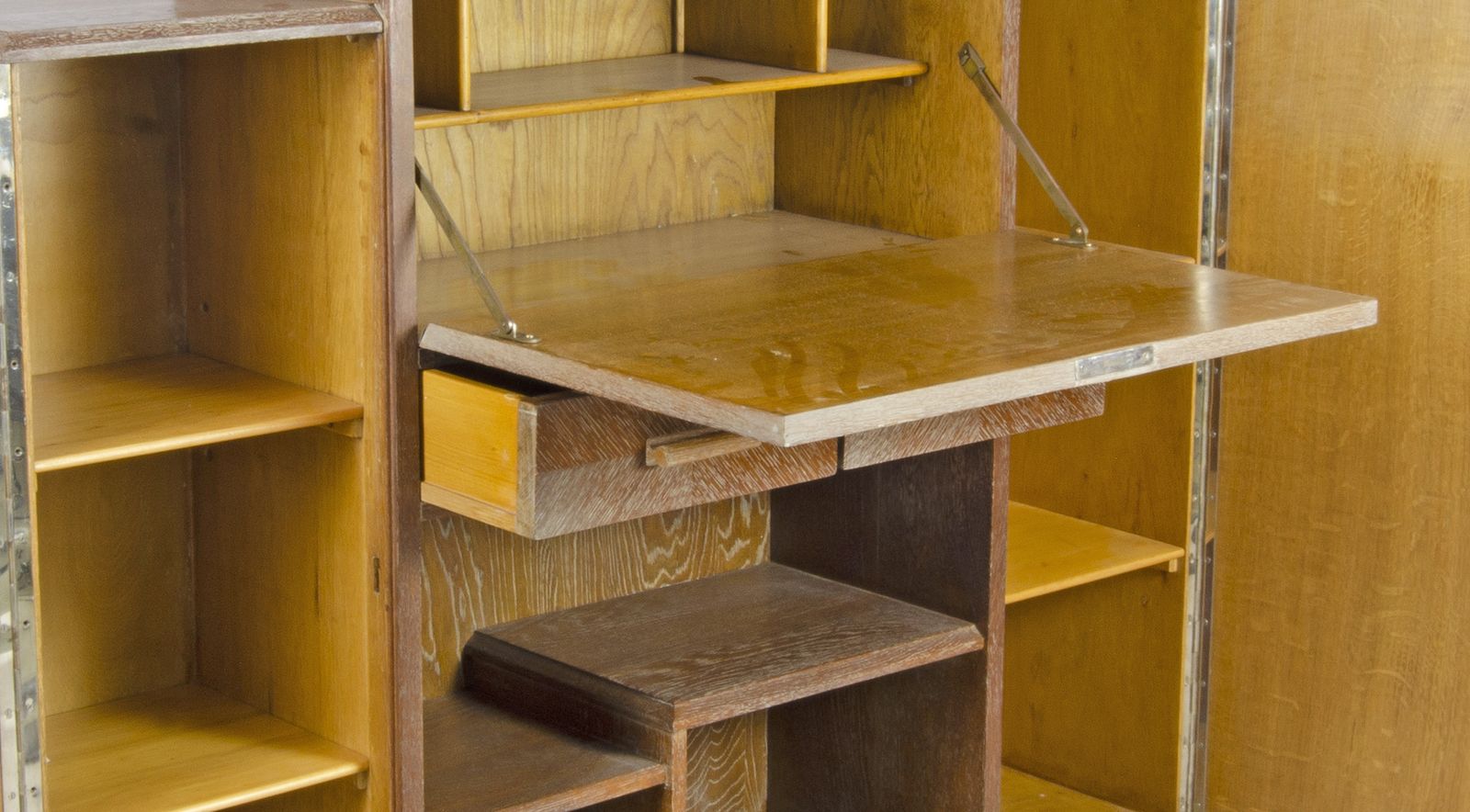 1930s Art Déco Veneered Wood Secretary Cabinet With Multiple Compartments In Jacques Adnet Style, France photo buy