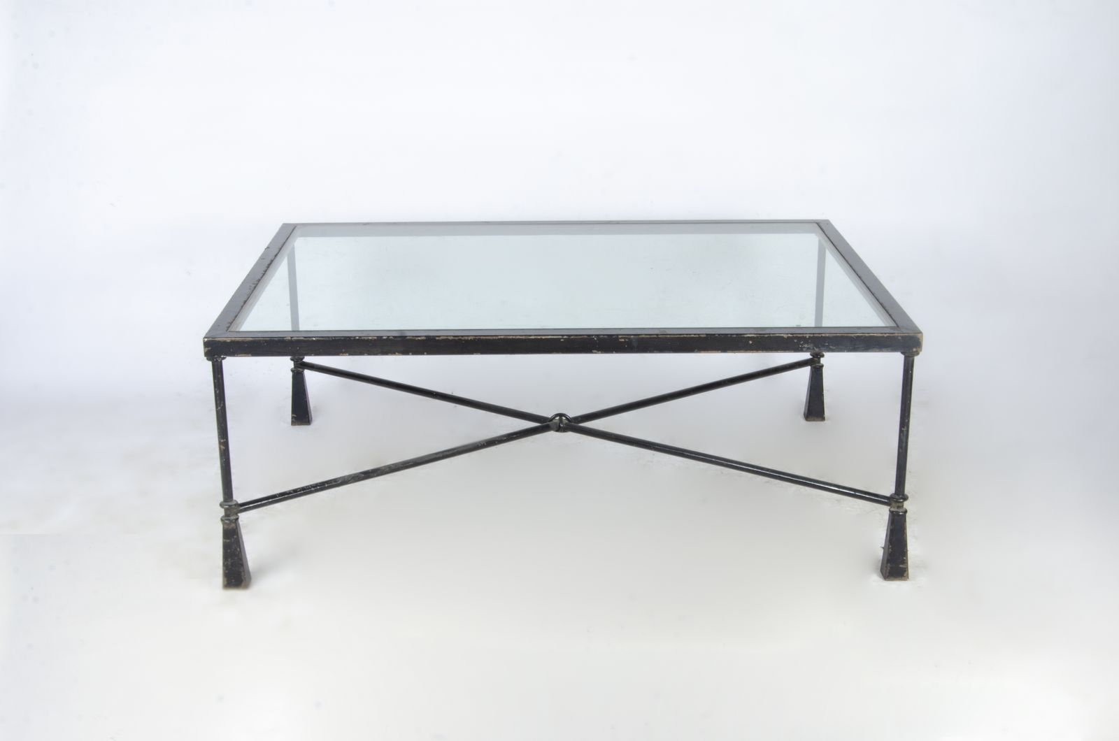 Early 20th Century French Expressionist Rectangular Iron Coffee Table With Glass Top In The Manner Of The Giacometti Brothers photo for sale
