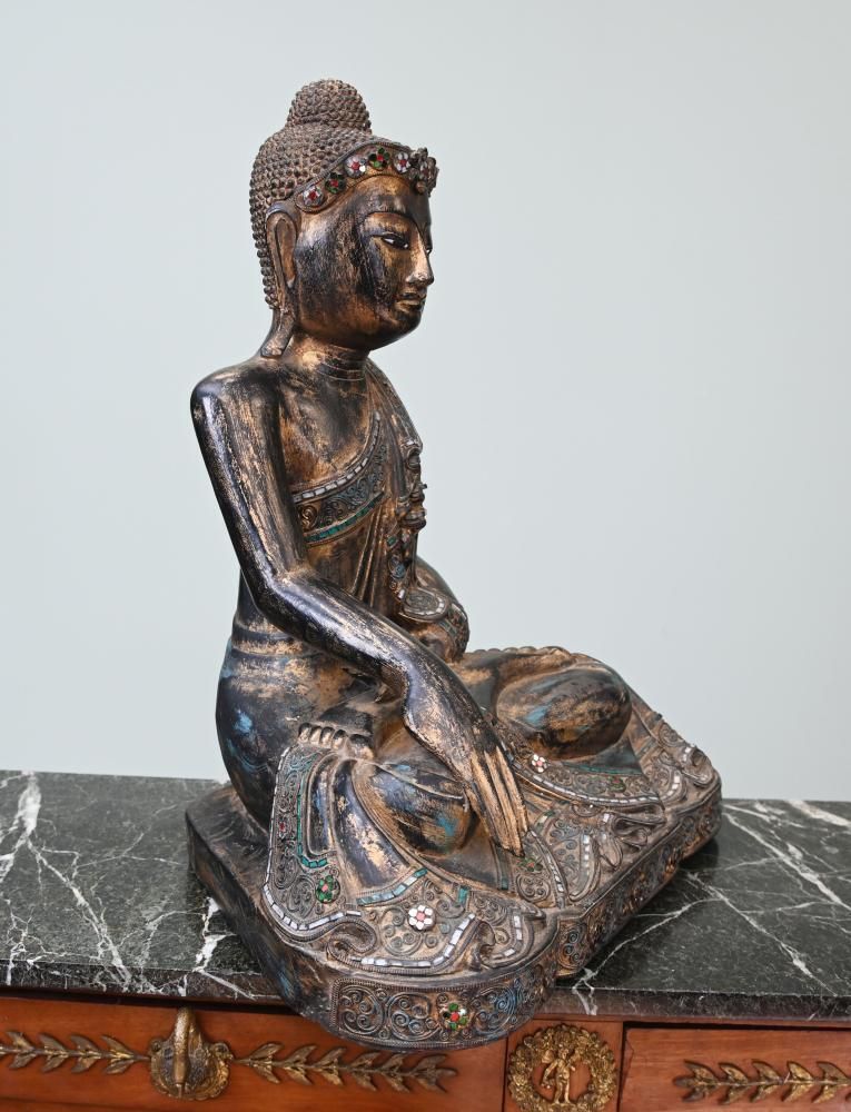 Vintage Burmese Buddha Statue Seated Meditation Lotus Pose photo vinterior