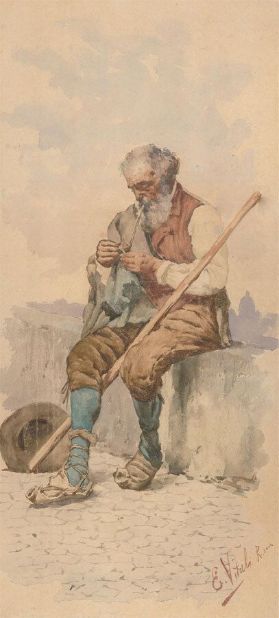 Eduard Vitali   Late 19th Century Watercolour, Old Man With A Pipe