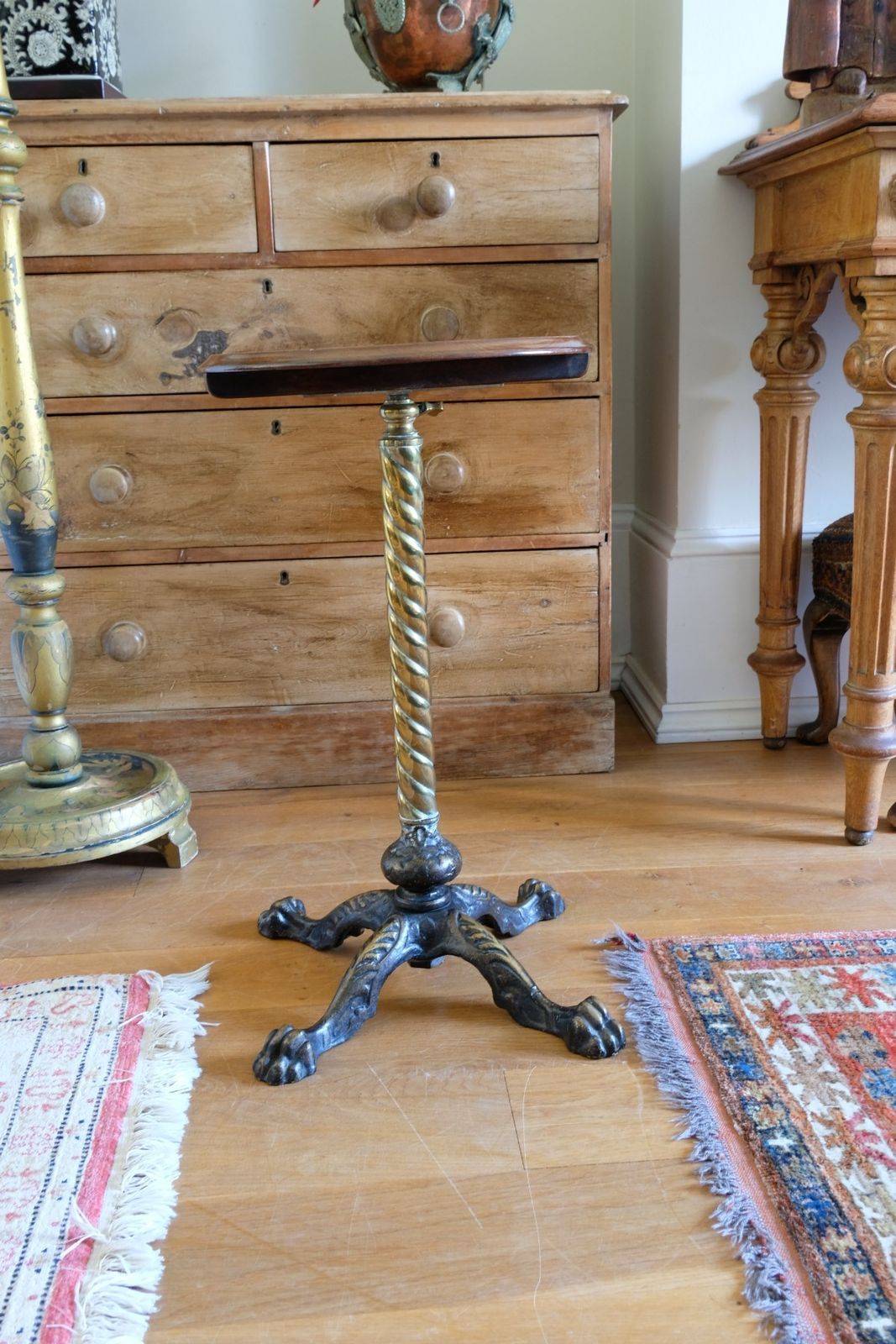 Antique Brass Telescopic Wine Table With Twisted Column And Lions Paw Feet photo for sale