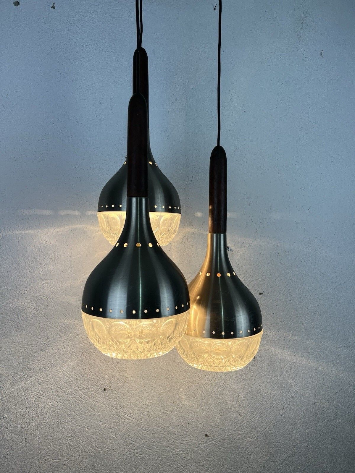 Chandelier Wood Aluminum Glass 60's Vintage Design photo for sale