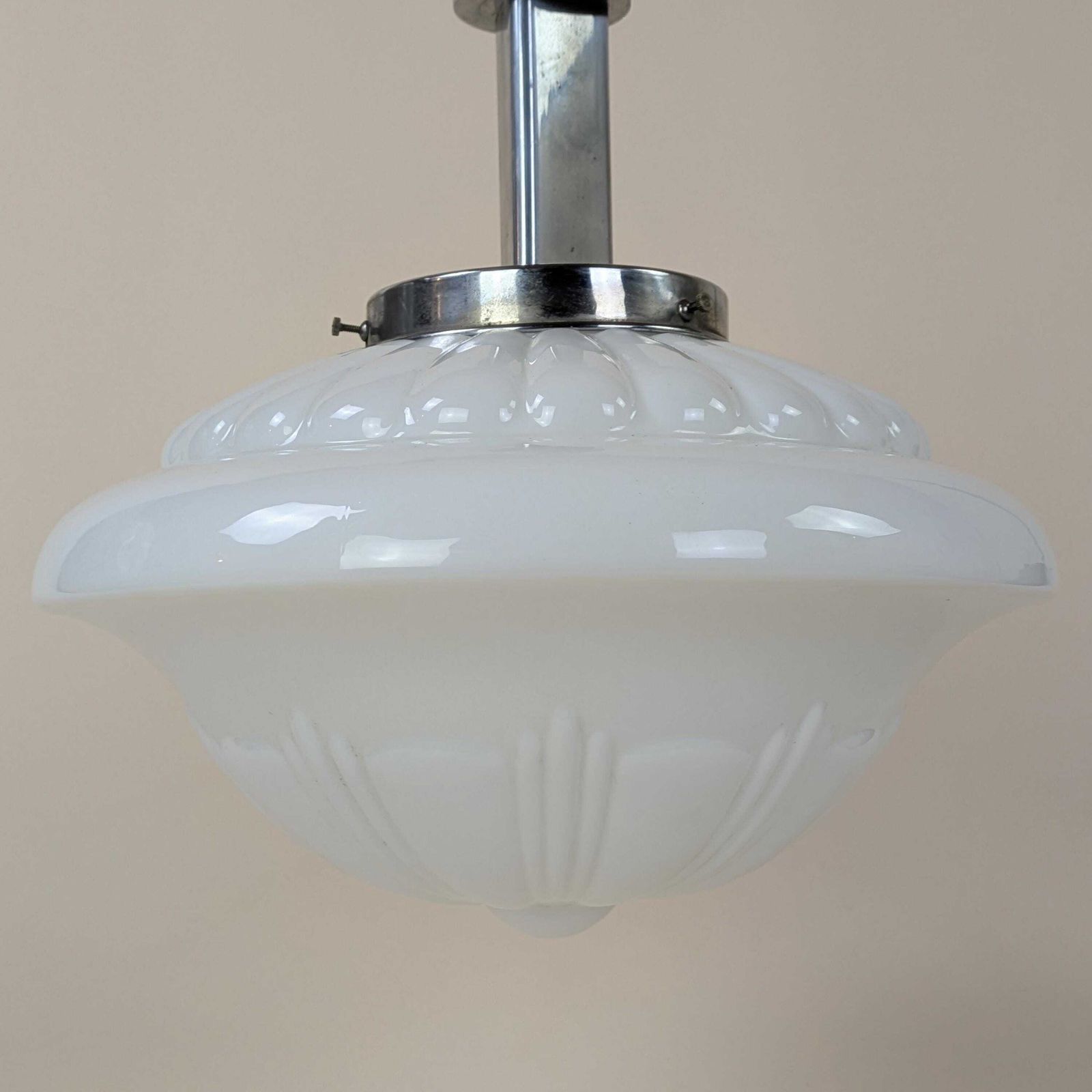 Art Deco French Pendant Light Opaline Glass Shade 1930s Vintage Streamlined Design Ceiling Fixture Home Decor photo vintage