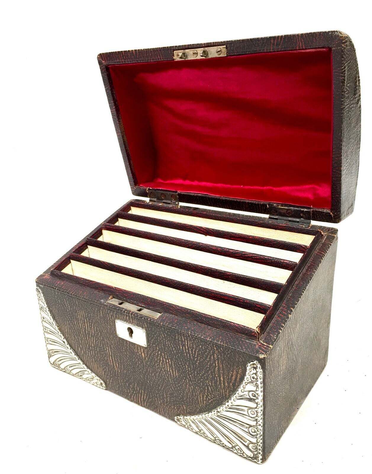 Antique Victorian Tabletop Leather Stationery Letter Paper Box / Sterling Silver photo 259.0