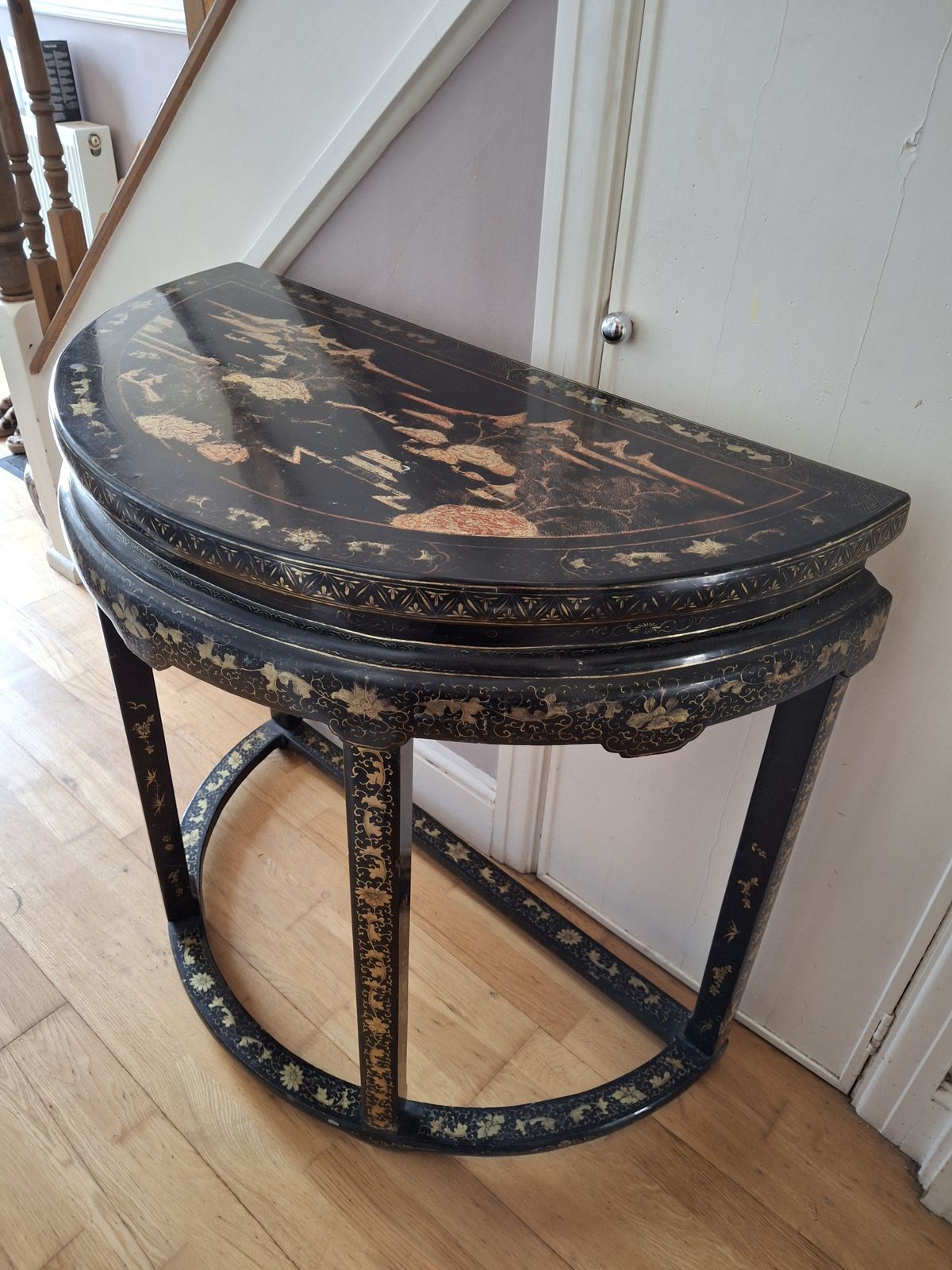 Late 19th Export Gilt And Black Lacquered Demi Lune Table photo for sale